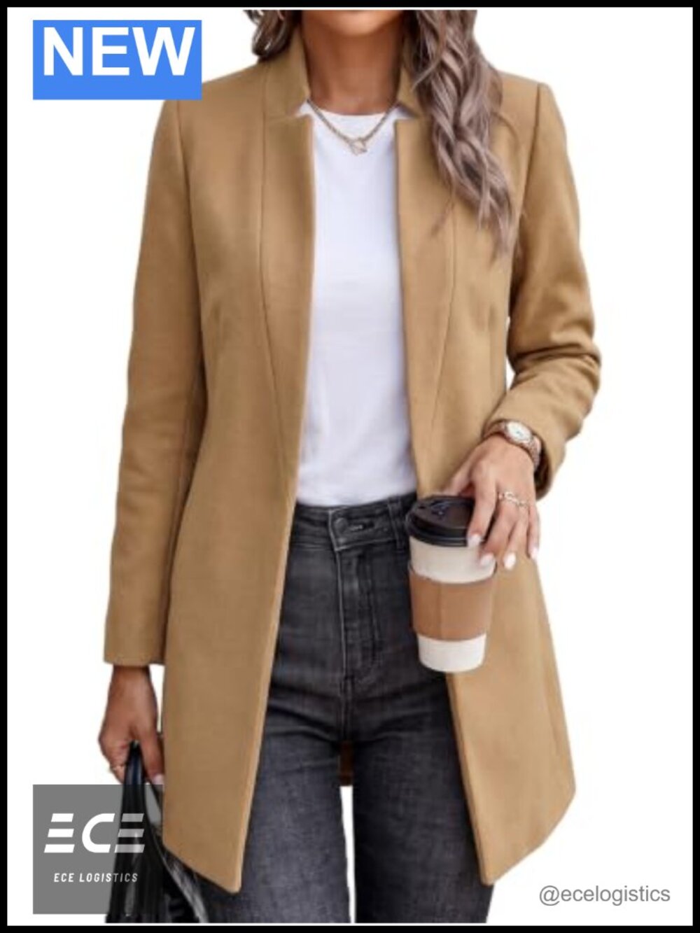 Womens Wool Blend Pea Coat Long Sleeve Open Front Overcoat with Pockets